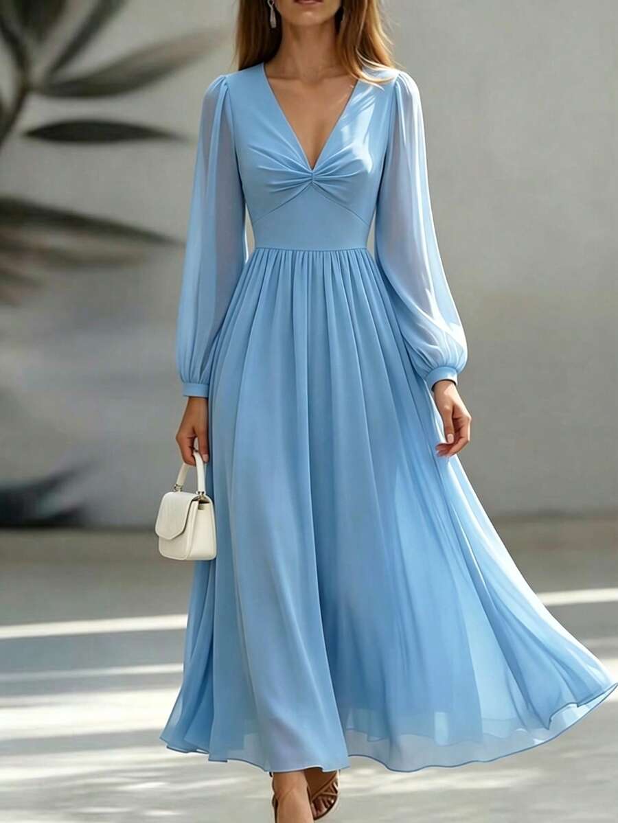 Breezaya Women's Solid Color Twisted Knot Ruched Casual Party Travel Chiffon Long Sleeve Dress - Blue - View 1