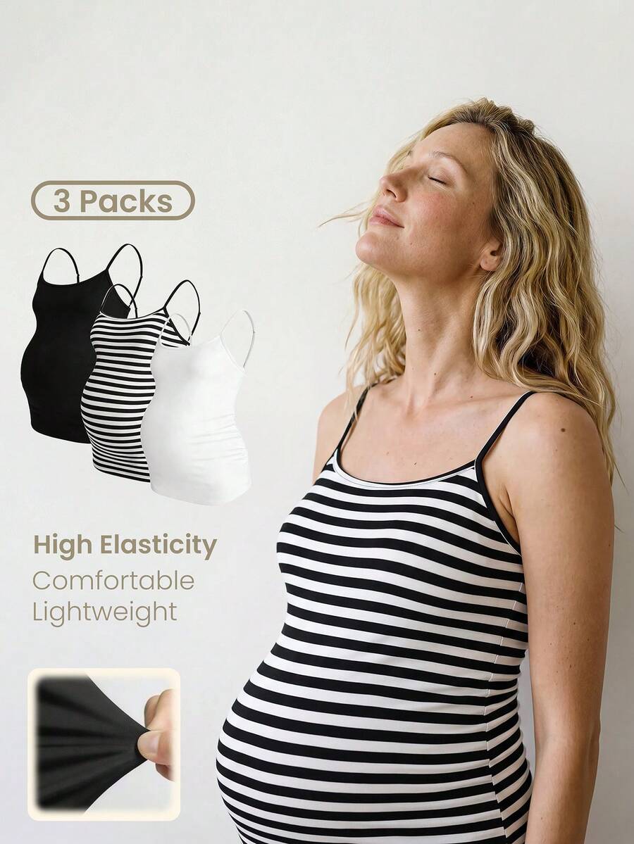 Modmama 3-Piece Casual Comfortable Maternity Tank Top, Women's Lightweight Fitted Tummy Control Summer White - Black and White - View 1