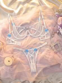 DelicateAllure 女款波點網紗蝴蝶結裝飾性感內衣套裝 - 白色 - 查看 2