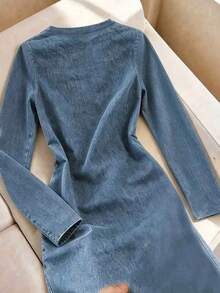 EMERY ROSE Plus Size Women's Round Neck Long Sleeve Denim Effect Print Casual Dress Fall - Blue - View 2