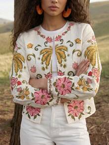 CAJUNI Women's Floral Print Round Neck Open Front Long Sleeve Lightweight Jacket - Multicolor - View 4