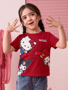 HELLO KITTY AND FRIENDS | SHEIN Young Girl Round Neck Letter Cartoon Print Casual Versatile Daily Short Sleeve T-Shirt - Red - View 3