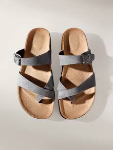 Solecia Sandal Pantai Kasual Wanita dengan Gesper yang Dapat Diatur untuk Sepatu Musim Panas Natal - Flanel abu-abu - View 3