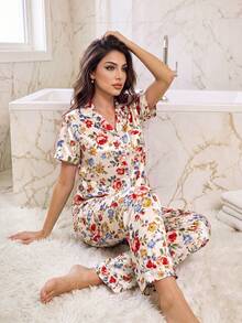 LuxeNights Classic Lapel Floral Faux Silk Short Sleeve Long Pants Loungewear Pajama Set For Women - Multicolor - View 7
