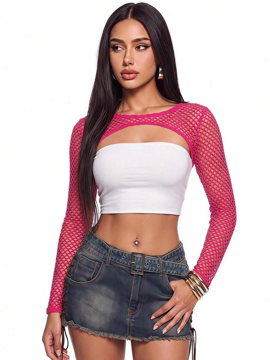 SHEIN ICON 1pc Fishnet Mesh Super Crop Top Without Tube Top - Hot Pink - View 1