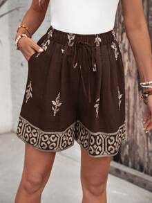EMERY ROSE Women's Casual Versatile Daily Travel Shorts With Pockets And Drawstring Waist - Coffee Brown - View 1