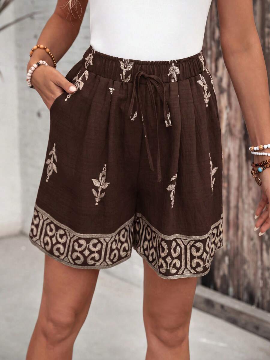 EMERY ROSE Women's Casual Versatile Daily Travel Shorts With Pockets And Drawstring Waist - Coffee Brown - View 1