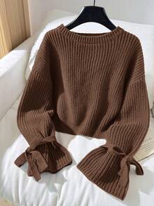 SHEIN Tween女孩純色圓領休閒日常長袖秋冬針織衫 - 棕色 - 查看 5