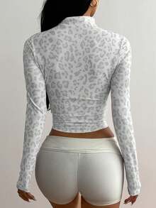 Coolane Women's Fall/Winter Grey Leopard Print Zip Up Sports Jacket, Slim Fit High Stretch Long Sleeve Workout Top - White - View 5