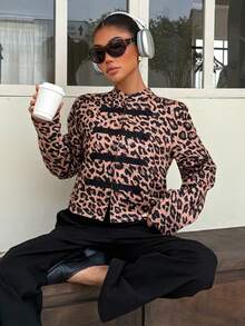 Muchica Leopardenmuster Stehkragen Napoleon Knopf Jacke für Frauen Lässig Western Rave Elegant Streetwear Nachtausgang Party Oberbekleidung Mantel Halloween Halloween - Braun - Übersicht 6