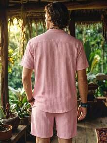 Alderstead Men's Plus Size Summer Pink Casual Solid Color Short Sleeve Shirt And Shorts Set,Beach Party Pool Holiday Vacation Hawaii Tropical Swim Bathing Outfit - Pink - View 2