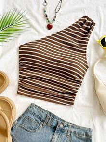 Soleia Sexy Casual One Shoulder Ruched Striped Sleeveless Top - Coffee Brown - View 4