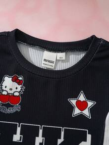 HELLO KITTY AND FRIENDS | SHEIN Young Girl Letter Cartoon Print Casual Daily Short Sleeve T-Shirt - Black - View 3