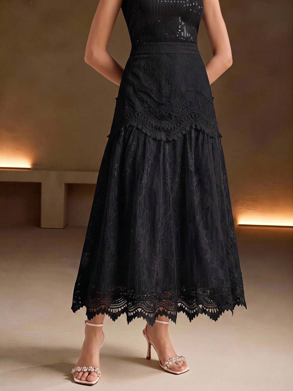 Anewsta Summer New French Elegant Hollow Lace Patchwork Ruffle Full Skirt Versatile Skirt