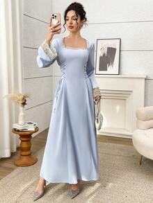 Yasmyna Women's Embroidered Mesh Patchwork Criss-Cross Tie Waist Arabian Dress - Blue - View 5