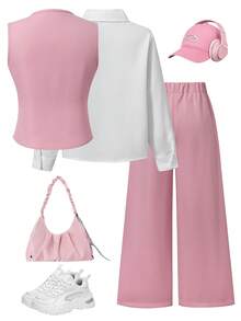 SHEIN 女童甜美學院風 80 年代 3 件套 白色領襯衫＋淺粉色收腰背心＋側蝴蝶結鬆緊腰寬腿褲，適合家庭、校園、秋季 - 粉色 - 查看 2