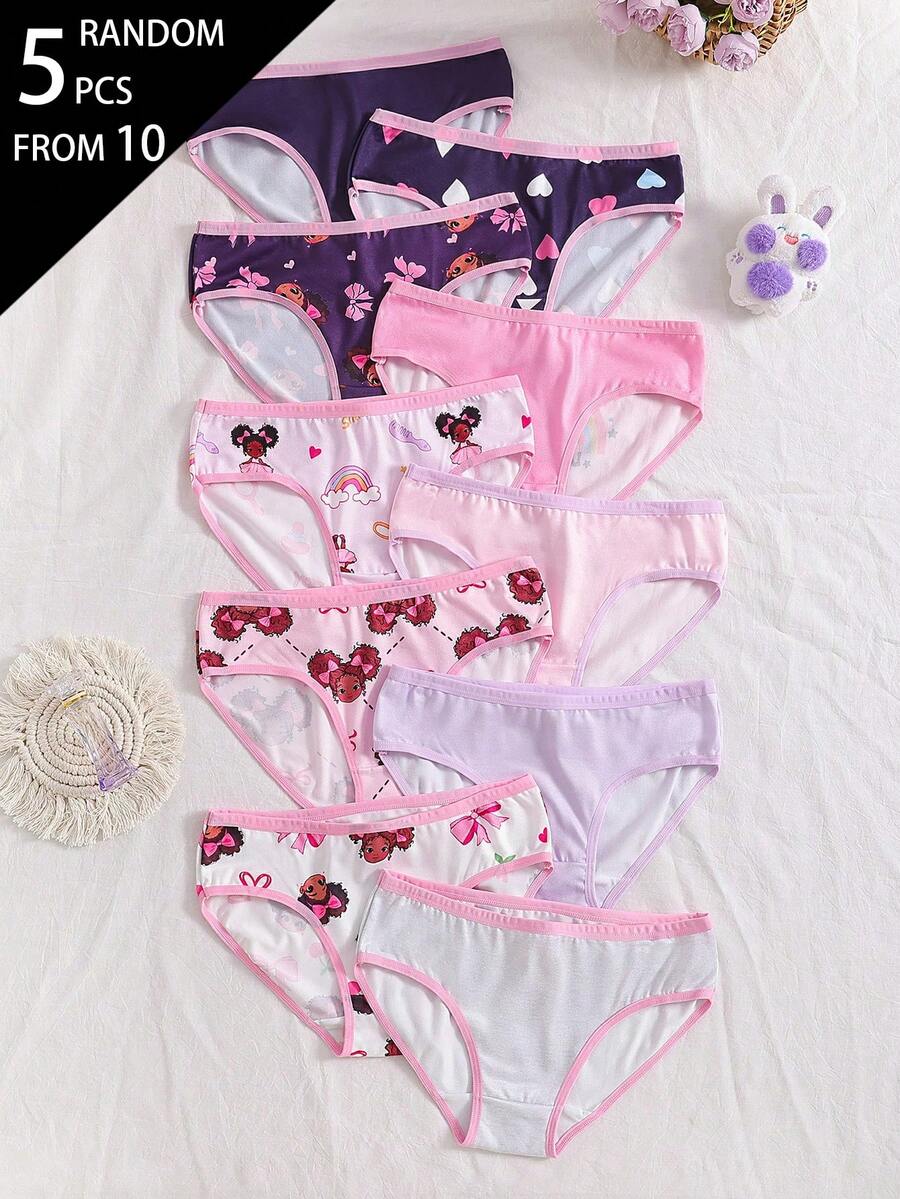 5pcs Random Assorted Tween Girls Triangle Panties, Heart All-Over Print With Lines, Star, Bow, Cherry, English Text, Multi-Color Fashion Cartoon Cute - Multicolor - View 1