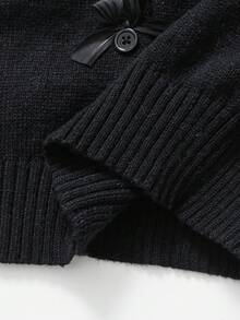 SHEIN 女童 Y2K 甜美風秋冬時尚蝴蝶結重工復古針織長袖開襟衫，休閒百搭返校校服冬裝，適合青少年女孩 - 黑色 - 查看 5
