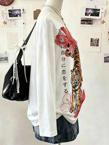 Lalippa 女款寬鬆露肩印花T恤，紅色花卉與虎紋圖案，休閒風格 - 彩色 - 查看 3