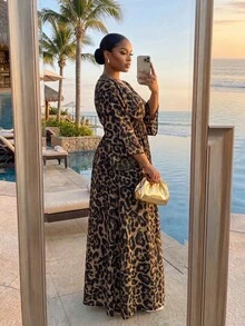 SHEIN Lady Women's Leopard Print 3/4 Sleeve Slit Hem Dress For Vacation - Multicolor - View 2