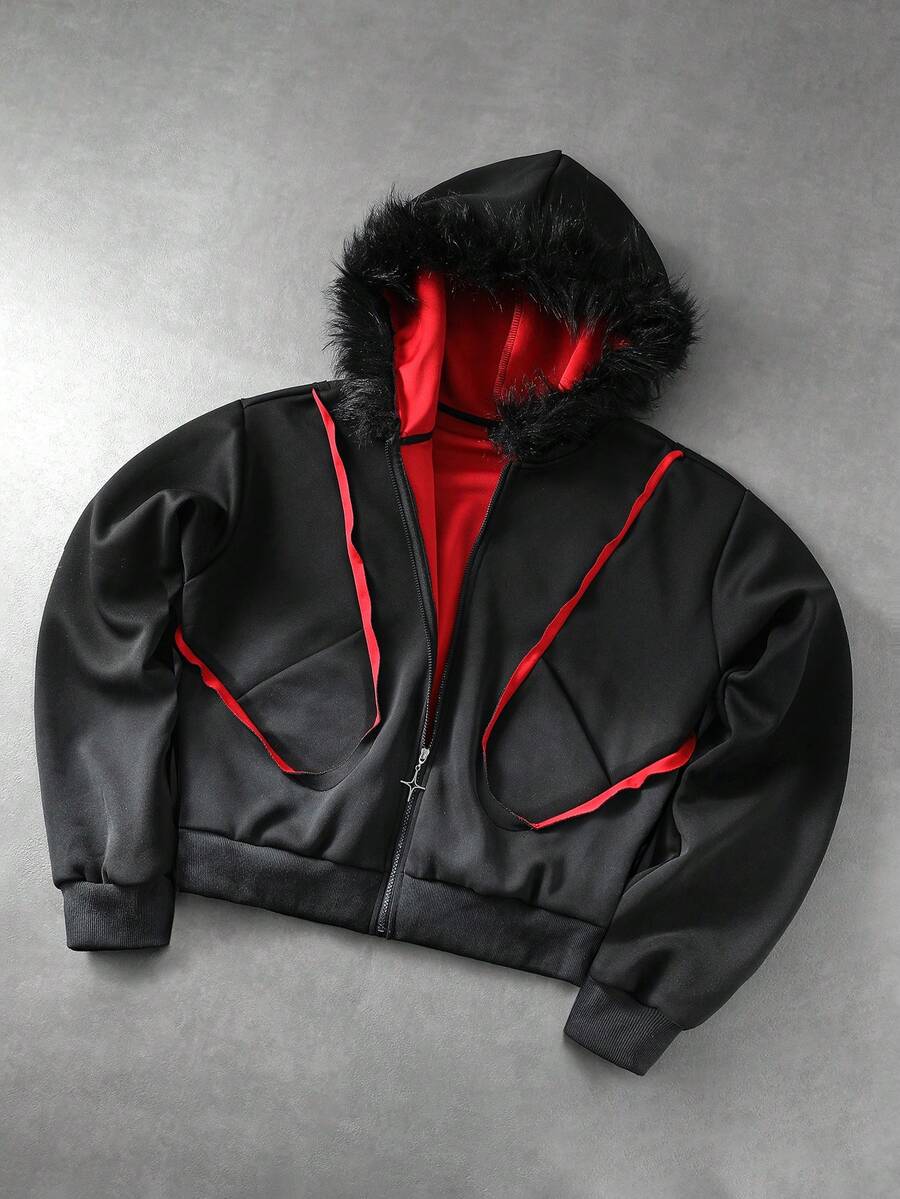 ROMWE MEN Street Life Sudadera con capucha para hombre con cuello de piel sintética, diseño de bloques de color degradado vintage y patchwork estructurado - Negro - Ver 1