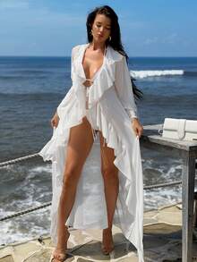 Sirith Women's Solid Color Long Sleeve Drawstring Hem Cover Up - White - View 4