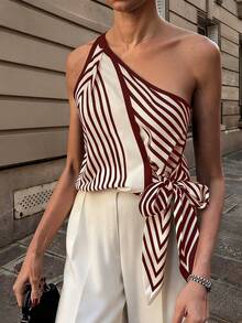 SHEIN PariChic Women's French Elegant Square Scarf Pattern Top, Casual Vacation, Date Brunch, Holiday White And Burgundy Summer - Brown - View 3