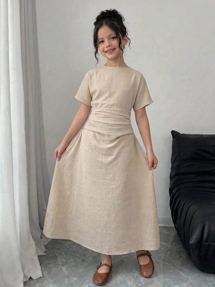 Firerie Kids 少女休閒時尚通勤夏季純色亞麻混紡休閒優雅洋裝 柔軟蕾絲洋裝 波點洋裝 母女套裝 親子搭配姊妹裝 正式洋裝 - 卡其色 - 查看 1