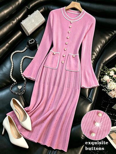 Franclia Gaun Sweater Wanita Musim Gugur/Dingin 2026 Model Baru Warna Pink Ukuran Plus, Leher Bulat, Bahu Reguler, Lengan Lebar, Kancing Mutiara, Dua Saku, Desain Warna Kontras, Bodycon, Ramping, Elegan, Romantis, Gaya Prancis, Cocok untuk Kencan dan Liburan