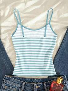 IslaSuriya Plus Size Blue & White Striped Camisole Tank Top For Women, Adjustable Thin Straps, Slim Fit, Versatile For Travel And Commute, Fresh Girly Style, Spring/Summer Casual Striped Cami - Blue and White - View 2