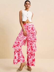 LOTSLUV Women's Early Autumn Vacation Elegant, Pink And Red Floral Print, Four-Layer Ruffle Split Flowy Long Pants,Summer Trousers,Women's Pants - Pink - View 4