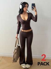 Coolane Setelan Wanita Musim Gugur untuk Beraktivitas di Luar Ruangan, Bahan Elastis, untuk Gym dan Yoga, Terdiri dari Kaos Lengan Pendek dan Celana Legging, 2 Potong/Dua Potong - Coklat - View 4