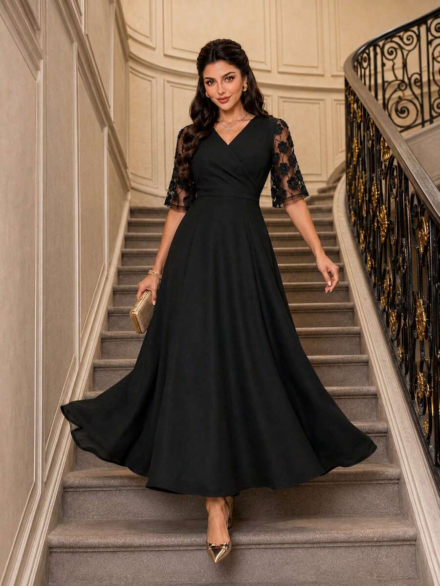 SHEIN Lady CURVE Plus Size Solid Color V-Neck Mesh Patchwork Elegant Dress Black Dress Formal Dress Elegant Dresses For Women Festival Outfits Summer - Black - View 1