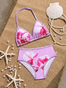 SHEIN Tween Girls Bikini Sets (Large) Swimwear Set/Purple Floral Print/Multi-Color/Knit Fabric/Two Pieces Swimwear/Fashion Casual Elegant Sophisticated Suitable For Swimming Suitable For Vacation Suitable For Summer - Multicolor - View 2