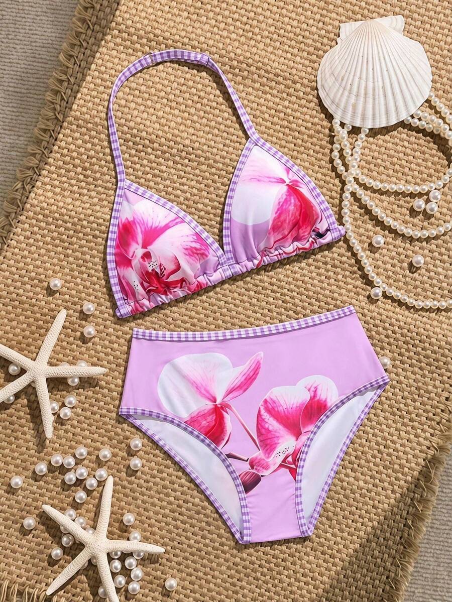 SHEIN Tween Girls Bikini Sets (Large) Swimwear Set/Purple Floral Print/Multi-Color/Knit Fabric/Two Pieces Swimwear/Fashion Casual Elegant Sophisticated Suitable For Swimming Suitable For Vacation Suitable For Summer