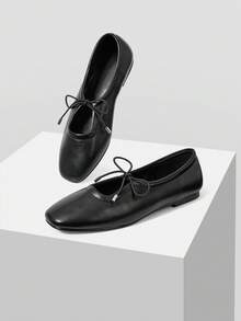 Mnmlis Women Shoes Spring Summer Elastic Rope Round Toe Flat Heel Flat Bottom Ballet Soft Leather Low Vamp Shoes Commuter Daily Fall Shoes - Black - View 2
