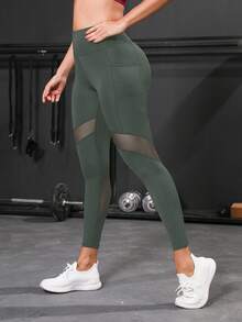 Powerista Solid-Color Mesh Contrast Sheer Sports Leggings Yoga Women Pants - Army Green - View 6
