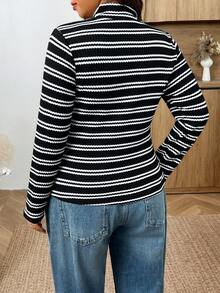 SHEIN Frenchy Plus Size Women's Striped Colorblock Casual Versatile Daily Wear T-Shirt Fall - Black and White - View 3