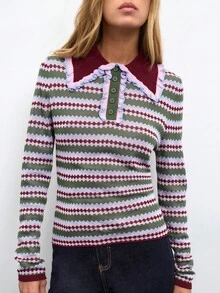 Nöista Top de punto con estructura de rayas de colores, cuello en color contrastante y detalles en color rosa alrededor, otoño para mujeres, vuelta al colegio - Verde - Ver 2