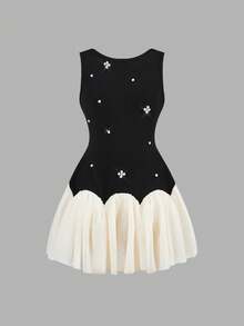 Firerie Kids Tween Girl Black And Cream Summer Elegant Party Dress,Pearl Patchwork Curved Hem Mesh A-Line Sleeveless Fitted Graduation Tea Party Formal Dress - Black - View 6