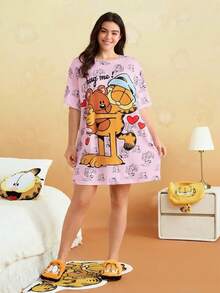 GARFIELD | SHEIN 大尺碼女款字母印花短袖休閒睡裙 - 紫色 - 查看 5
