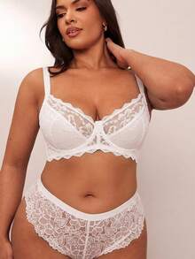 SHEIN BAE CURVE 1 件大码女士蕾丝拼接舒适钢圈文胸，提升型 - 白色 - 查看 4