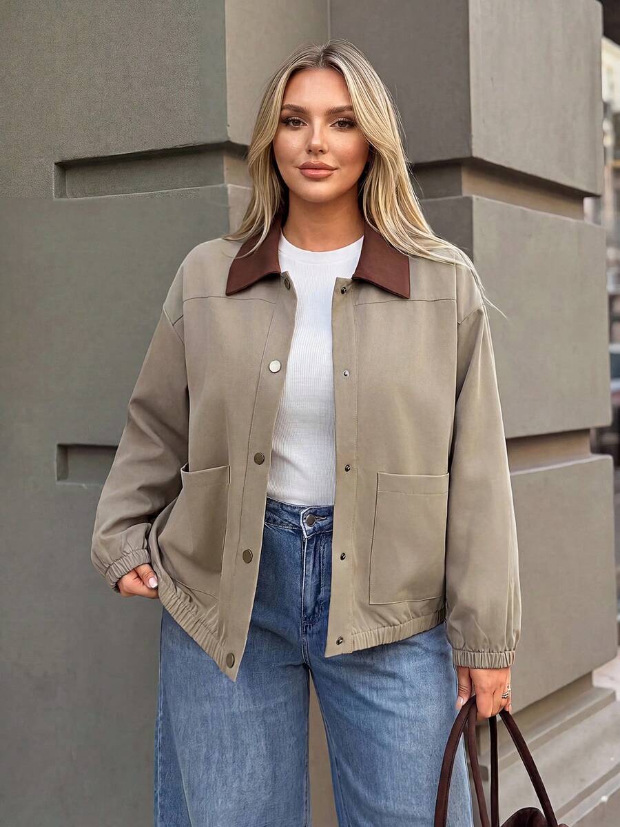 Auralis Spring/Autumn Lightweight Jacket With Contrasting Collar – Retro Collegiate Style Casual Jacket With Pockets Casual Daily Going Out Jacket Fall/Winter - Khaki - View 1