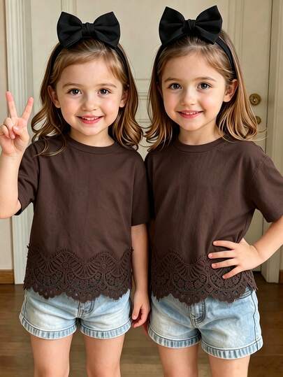 SHEIN Elladie kids Camiseta casual de manga corta con cuello redondo, bordado de lazo con cuentas, talla estándar para niñas jóvenes