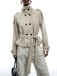 LYSMO Women's Solid Color Raglan Sleeve Double-Breasted Casual Trench Coat Office Wear For Women Going Out Outfits - White - View 7