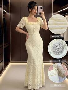 Modelyn Pale Yellow Square Neck Rhinestone Embellished Elegant Lace Waist-Cinching Women's Dress - Butter Yellow - View 2