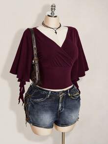 SHEIN ICON Plus Size Women Solid Color V-Neck Pleated Casual Versatile Daily Wear T-Shirt - Maroon - View 6