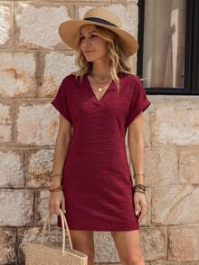 EMERY ROSE Vestido de verano casual de vacaciones para mujer con cuello en V, mangas de murciélago y textura de unicolor - Rojo - Ver 3