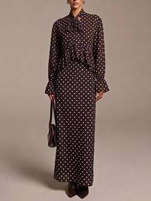 COSMINA Women's Casual Vintage Elegant Ruffle Blouse Chiffon Brown And White Polka Dot Set Dinner Party Fall - Brown - View 4