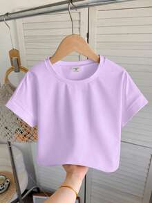 SHEIN Tween Girl Casual Solid Color Loose Crew Neck Rolled Cuff Cap Sleeve Cropped T-Shirt - Mauve Purple - View 2
